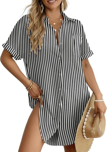 HiMONE Women’s Button Down Shirt Dress Casual Loose Short Sleeve Collared Tunic with Pocket Lightweight Beach Cover Up in Saudi Arabia