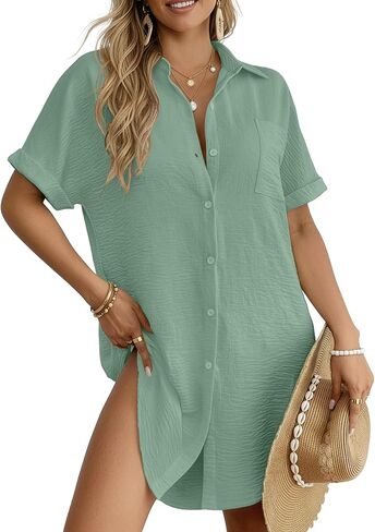 HiMONE Women’s Button Down Shirt Dress Casual Loose Short Sleeve Collared Tunic with Pocket Lightweight Beach Cover Up in Saudi Arabia