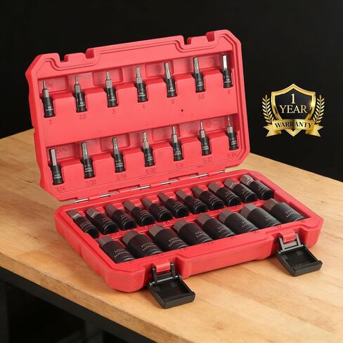 33PCS Hex Bit Socket Set 1/4", 3/8", & 1/2" Drive, Allen SAE & Metric Socket Set, 5/64-Inch to 3/4-Inch, 2mm to 19mm With Case in Kuwait