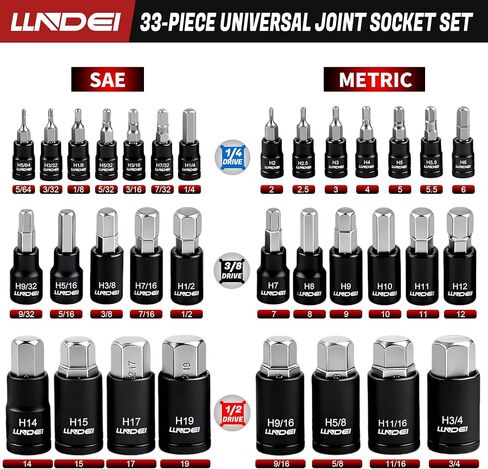 33PCS Hex Bit Socket Set 1/4", 3/8", & 1/2" Drive, Allen SAE & Metric Socket Set, 5/64-Inch to 3/4-Inch, 2mm to 19mm With Case in Kuwait