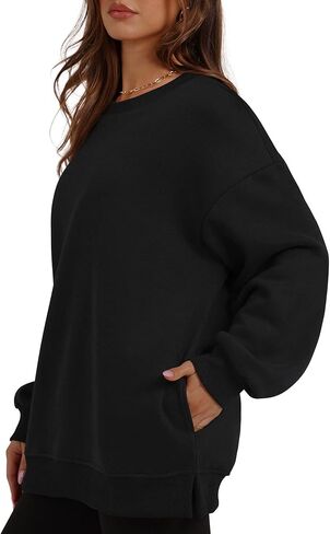Womens Sweatshirts Fleece Crewneck Long Sleeve Oversized Tops Pullover Warm Fashion Clothes with Side Pockets in Saudi Arabia