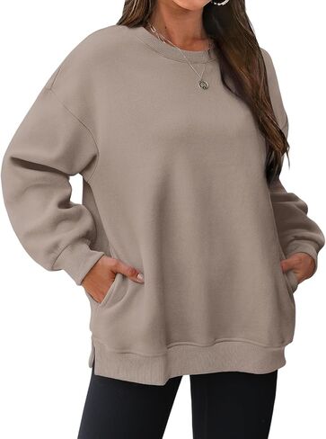 Womens Sweatshirts Fleece Crewneck Long Sleeve Oversized Tops Pullover Warm Fashion Clothes with Side Pockets in Saudi Arabia