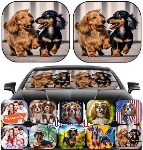 Maizi Large Windshield Sun Shade 2 Piece Universal Fit Cute Windshield Sun Shade Design for Dogs Pet Dachshunds Puppy Fits Most Wagon, Small Car, Pickup Truck, Van Printed in USA in Saudi Arabia