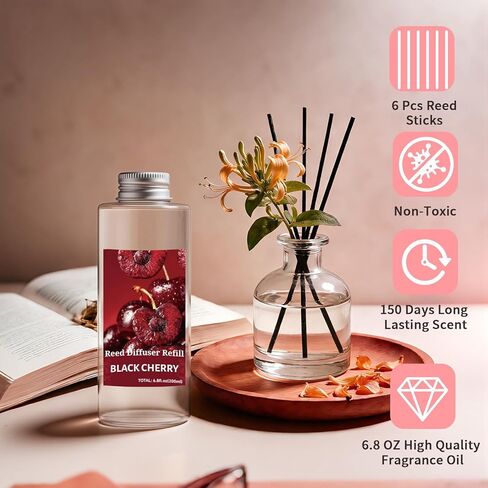 STRN Reed Diffuser Oil Refill, Black Cherry Scented Diffuser Oil Refills with 6 Reed Sticks 200ML(6.8fl.oz), Room Fresheners for Home, Long-Lasting Fragrance for Living Room, Bedroom, Office in Kuwait