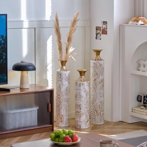 Gold Standing Vase for Floor 3 Piece Floor Vase Sets Living Room Decor Tall Large Metal Vases with Growing Vine Patterns 25.2"/29.33"/34.25" Height in Saudi Arabia