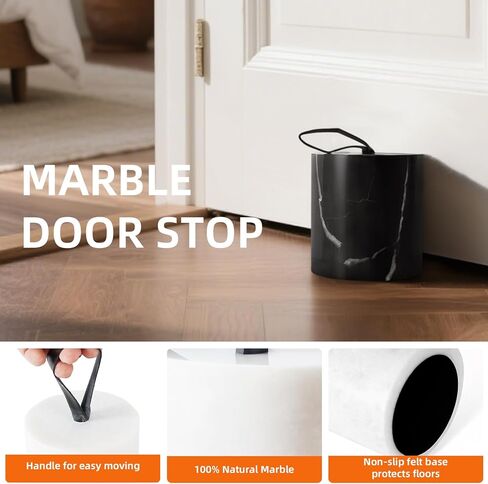 2-Pack Marble Door Stop, 3.54" Decorative Door Stoppers with Leather Handle & Non-Slip Felt Base, Natural Stone Weighted Door Holder & Bookend for Bedroom, Bathroom, Office – White and Black Set in Saudi Arabia
