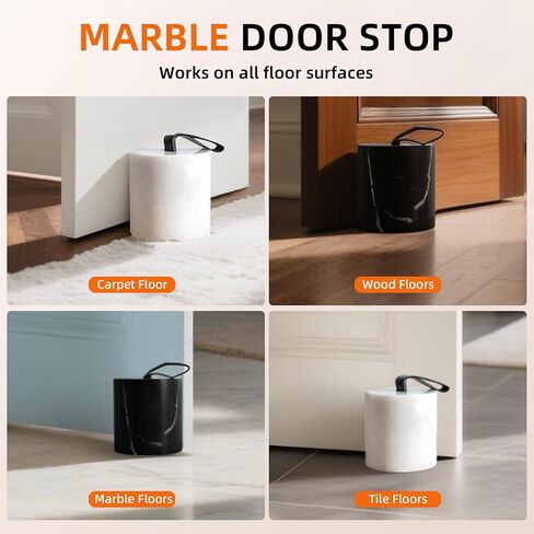 2-Pack Marble Door Stop, 3.54" Decorative Door Stoppers with Leather Handle & Non-Slip Felt Base, Natural Stone Weighted Door Holder & Bookend for Bedroom, Bathroom, Office – White and Black Set in Saudi Arabia