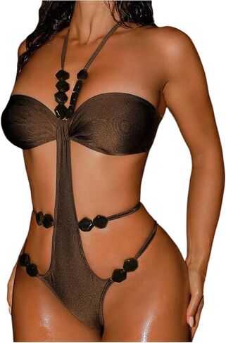 SweatyRocks Women's Cut Out One Piece Swimsuits Beaded Tie Backless Halter Bathing Suit Monokini in Saudi Arabia