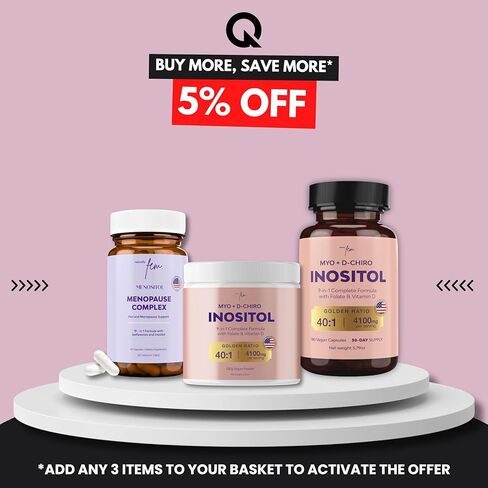 Inositol FEM Menositol 19 في 1 60 كبسولة، مكملات فترة ما قبل انقطاع الطمث وانقطاع الطمث للنساء لفقدان الوزن مع Myo-Inositol، D-chiro وIsoflavones، التحكم في الصحة الأيضية، طبيعي 100%، هرمون، خالي من الصويا in Kuwait