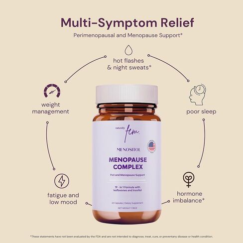 Inositol FEM Menositol 19 في 1 60 كبسولة، مكملات فترة ما قبل انقطاع الطمث وانقطاع الطمث للنساء لفقدان الوزن مع Myo-Inositol، D-chiro وIsoflavones، التحكم في الصحة الأيضية، طبيعي 100%، هرمون، خالي من الصويا in Kuwait