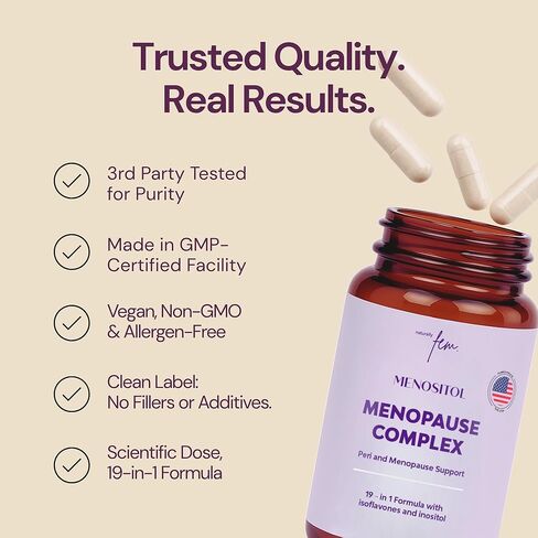 Inositol FEM Menositol 19 في 1 60 كبسولة، مكملات فترة ما قبل انقطاع الطمث وانقطاع الطمث للنساء لفقدان الوزن مع Myo-Inositol، D-chiro وIsoflavones، التحكم في الصحة الأيضية، طبيعي 100%، هرمون، خالي من الصويا in Kuwait