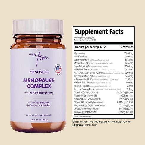 Inositol FEM Menositol 19 في 1 60 كبسولة، مكملات فترة ما قبل انقطاع الطمث وانقطاع الطمث للنساء لفقدان الوزن مع Myo-Inositol، D-chiro وIsoflavones، التحكم في الصحة الأيضية، طبيعي 100%، هرمون، خالي من الصويا in Kuwait