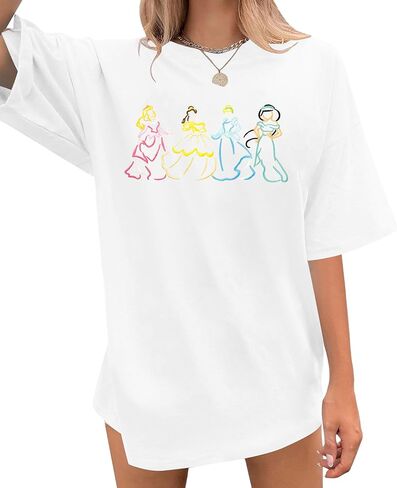 Magical Shirt for Women Embroidered Princess Shirts Oversized Family Vacation T-Shirt Casual Holiday Tops in Kuwait
