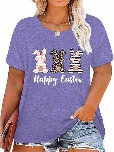 Plus Size Happy Easter Graphic Spring Shirt Cute Letter Printed Blouse Tees Women Casual Short Sleeve Tops in Kuwait