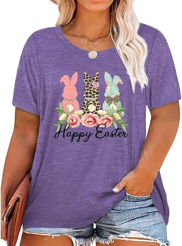 Plus Size Happy Easter Graphic Spring Shirt Cute Letter Printed Blouse Tees Women Casual Short Sleeve Tops in Saudi Arabia