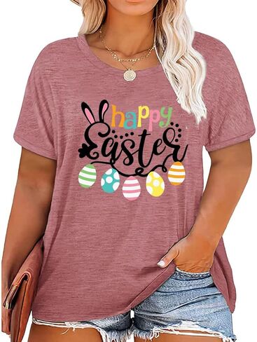 Plus Size Happy Easter Graphic Spring Shirt Cute Letter Printed Blouse Tees Women Casual Short Sleeve Tops in Saudi Arabia