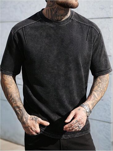 OYOANGLE Men's Short Sleeve Washed T Shirts Crew Neck Drop Shoulder Tee Shirt Streetwear Tops in Saudi Arabia