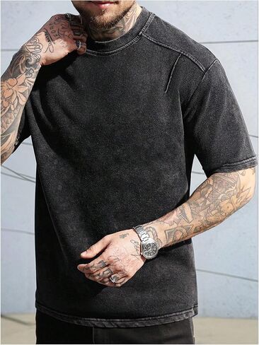 OYOANGLE Men's Short Sleeve Washed T Shirts Crew Neck Drop Shoulder Tee Shirt Streetwear Tops in Saudi Arabia
