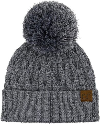 C.C Lurex Cable Pom Beanie for Women - Stretchable Soft Warm Knit Winter Skully Hat with Yarn Pom in Saudi Arabia