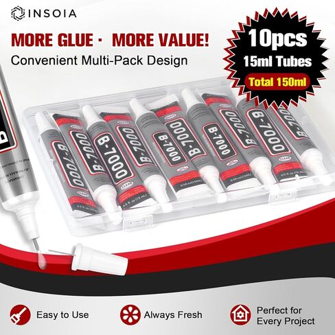 B7000 غراء حجر الراين الشفاف 10 قطع 15 مل - غراء مجوهرات شفاف قوي لا يترك أثرًا مع طرف دقيق، لاصق سريع الجفاف متعدد الأغراض لصنع أحذية قماشية لمكياج الأظافر وإصلاح الهاتف in Kuwait
