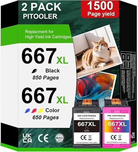 667XL Ink Cartridges Combo Pack Replacement for HP 667 667 XL Ink Cartridges Work for HP DeskJet 1275 2374 2375 2376 6075 6475 6476 Printers (1 Black, 1 Color) in Kuwait