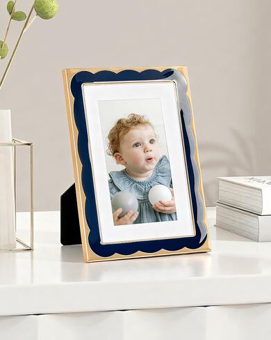 Marsmiles 4x6 Enamel Picture Frames with Wavy Designed Gold Metal Edge, Tempered Glass Photo Frame with Velvet Back for Tabletop and Wall Mount Display Vertically or Horizontally, Home Office, Navy in Saudi Arabia