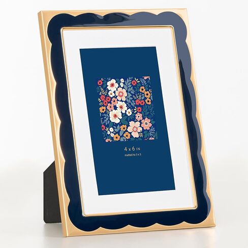 Marsmiles 4x6 Enamel Picture Frames with Wavy Designed Gold Metal Edge, Tempered Glass Photo Frame with Velvet Back for Tabletop and Wall Mount Display Vertically or Horizontally, Home Office, Navy in Saudi Arabia