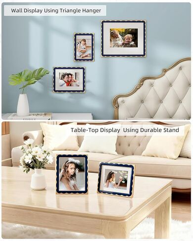 Marsmiles 4x6 Enamel Picture Frames with Wavy Designed Gold Metal Edge, Tempered Glass Photo Frame with Velvet Back for Tabletop and Wall Mount Display Vertically or Horizontally, Home Office, Navy in Saudi Arabia