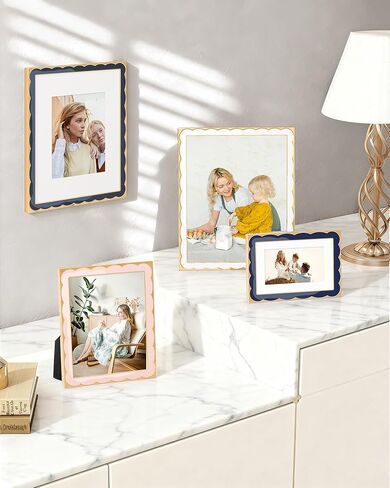 Marsmiles 4x6 Enamel Picture Frames with Wavy Designed Gold Metal Edge, Tempered Glass Photo Frame with Velvet Back for Tabletop and Wall Mount Display Vertically or Horizontally, Home Office, Navy in Saudi Arabia
