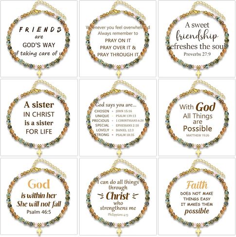 BROCC 9PCS أساور الصليب للنساء، تأكيد هدايا عيد الفصح المعمودية، مجموعة هدية أساور ملهمة المسيحية، قابل للتعديل 4 مم مطرز أساور الحجر الطبيعي مجوهرات in Kuwait