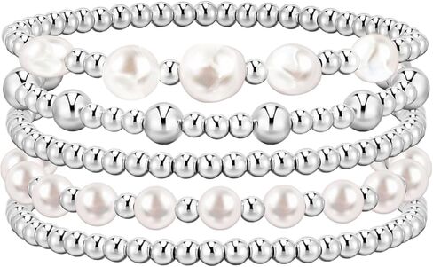 Gold Silver Beaded Bracelets Pack For Women, Adjustable Stretch Pearl Bead Ball Bracelet Stack Set Jewelry Small Gifts For Teen in Saudi Arabia