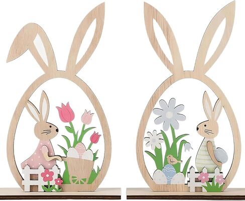 KUKUTrue® 2Pcs Easter Bunny Decorations, Easter Decorations, Wooden Rabbit, Rustic Wooden Bunnies, Pastel Spring Decor for Home, Tabletop & Gifts in Saudi Arabia