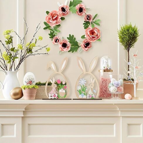 KUKUTrue® 2Pcs Easter Bunny Decorations, Easter Decorations, Wooden Rabbit, Rustic Wooden Bunnies, Pastel Spring Decor for Home, Tabletop & Gifts in Saudi Arabia