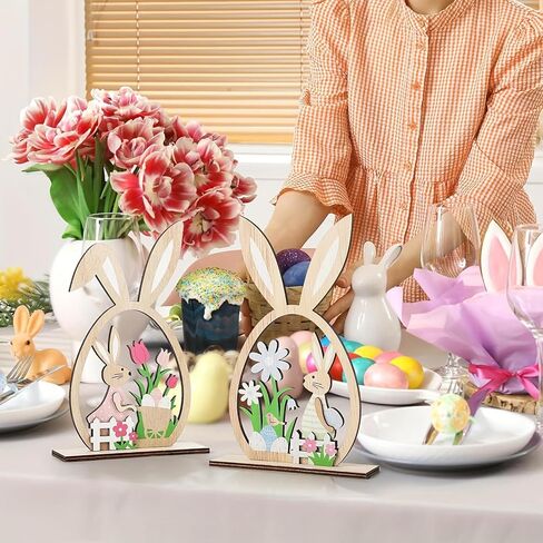 KUKUTrue® 2Pcs Easter Bunny Decorations, Easter Decorations, Wooden Rabbit, Rustic Wooden Bunnies, Pastel Spring Decor for Home, Tabletop & Gifts in Saudi Arabia