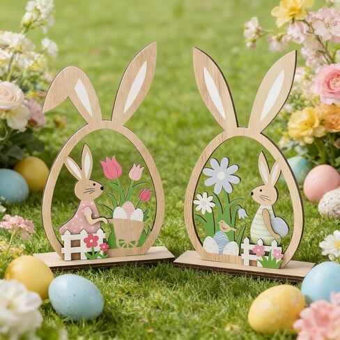 KUKUTrue® 2Pcs Easter Bunny Decorations, Easter Decorations, Wooden Rabbit, Rustic Wooden Bunnies, Pastel Spring Decor for Home, Tabletop & Gifts in Saudi Arabia