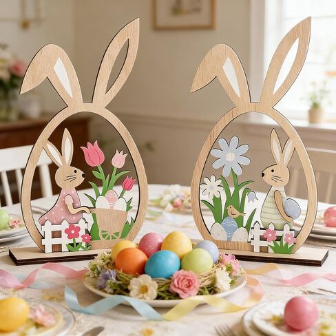 KUKUTrue® 2Pcs Easter Bunny Decorations, Easter Decorations, Wooden Rabbit, Rustic Wooden Bunnies, Pastel Spring Decor for Home, Tabletop & Gifts in Saudi Arabia
