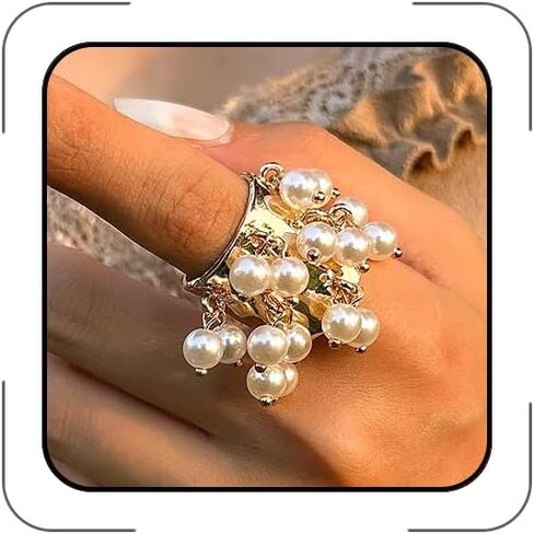 Vintage Pearl Bead Rings for Women Cluster Ring Gold Bead Pearl Tassel Rings Dainty Bead Ring Small Turquoise Rings Christmas Party Ring Accessorie Jewelry in Kuwait