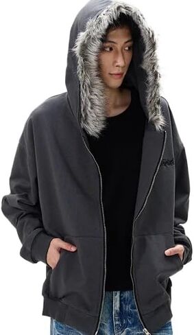 المتضخم Y2k زمم هوديي سترات من الفرو الشتاء في سن المراهقة ايمو الجرونج 2000s الملابس خمر الشارع الشهير النساء الرجال in Kuwait