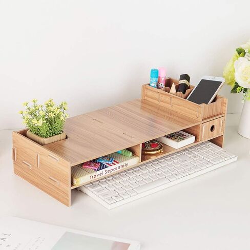Wooden Monitor Stand, Laptop Stand for Desk, Heavy Duty Computer Screen Support with Large Storage Shelf, Modern Office Desk Organizer for Home and Work in Kuwait