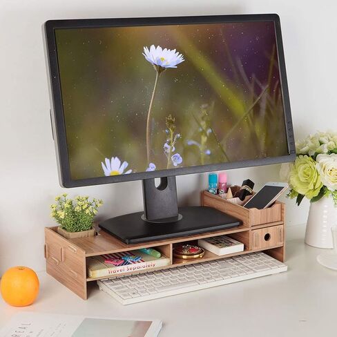 Wooden Monitor Stand, Laptop Stand for Desk, Heavy Duty Computer Screen Support with Large Storage Shelf, Modern Office Desk Organizer for Home and Work in Kuwait