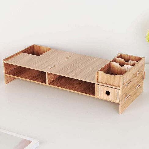 Wooden Monitor Stand, Laptop Stand for Desk, Heavy Duty Computer Screen Support with Large Storage Shelf, Modern Office Desk Organizer for Home and Work in Kuwait