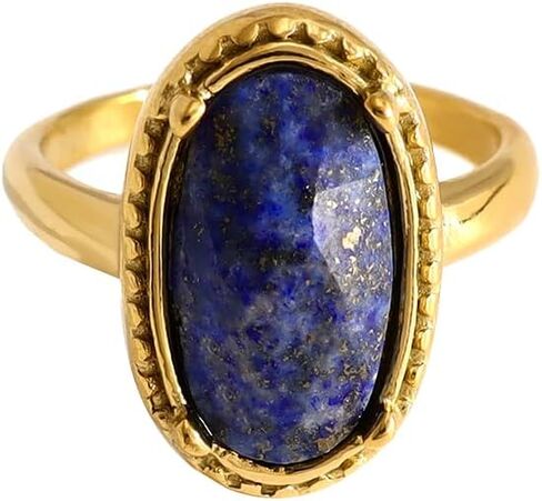 Natural Lapis Lazuli Birthstone Rings for Women 18k Gold-Tone Plated Oval Shaped Vintage Gemstone Adjustable Ring Open Band Comfort Fit Fashion Unique Wedding Party Minimalist Charm Jewelry for Mother in Saudi Arabia