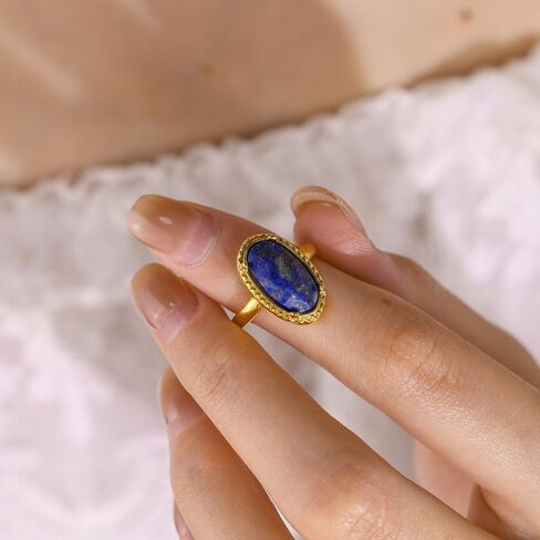 Natural Lapis Lazuli Birthstone Rings for Women 18k Gold-Tone Plated Oval Shaped Vintage Gemstone Adjustable Ring Open Band Comfort Fit Fashion Unique Wedding Party Minimalist Charm Jewelry for Mother in Saudi Arabia