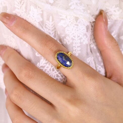 Natural Lapis Lazuli Birthstone Rings for Women 18k Gold-Tone Plated Oval Shaped Vintage Gemstone Adjustable Ring Open Band Comfort Fit Fashion Unique Wedding Party Minimalist Charm Jewelry for Mother in Saudi Arabia