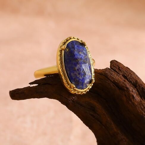Natural Lapis Lazuli Birthstone Rings for Women 18k Gold-Tone Plated Oval Shaped Vintage Gemstone Adjustable Ring Open Band Comfort Fit Fashion Unique Wedding Party Minimalist Charm Jewelry for Mother in Saudi Arabia