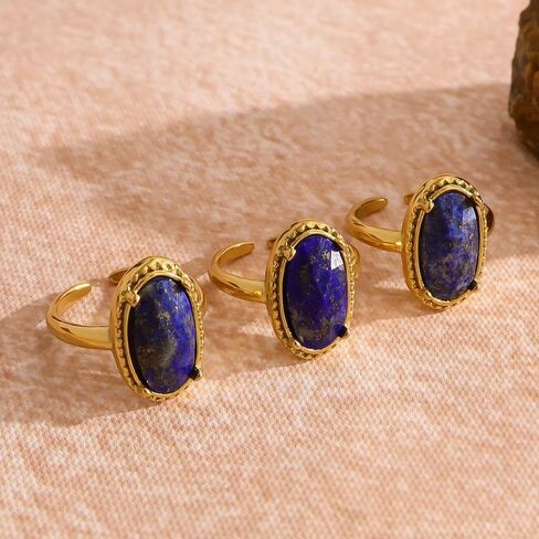 Natural Lapis Lazuli Birthstone Rings for Women 18k Gold-Tone Plated Oval Shaped Vintage Gemstone Adjustable Ring Open Band Comfort Fit Fashion Unique Wedding Party Minimalist Charm Jewelry for Mother in Saudi Arabia