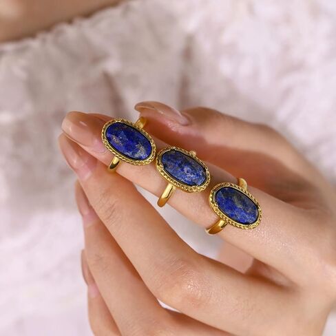 Natural Lapis Lazuli Birthstone Rings for Women 18k Gold-Tone Plated Oval Shaped Vintage Gemstone Adjustable Ring Open Band Comfort Fit Fashion Unique Wedding Party Minimalist Charm Jewelry for Mother in Saudi Arabia