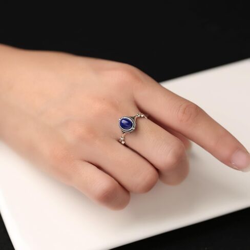 S925 Sterling Silver Lapis Lazuli Ring 7x5mm Oval Deep Blue Gemstone with Beaded Edge Minimalist Royal Jewelry for Women Hypoallergenic Everyday Elegance in Saudi Arabia