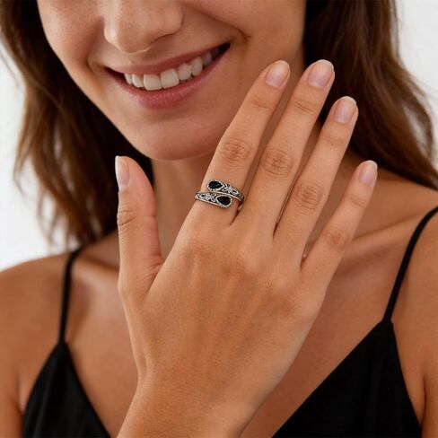 3Pcs Black Obsidian Ring Set Adjustable Open Silver Band for Women Finger Jewelry Gift for Her Birthday Date Party Gift in Saudi Arabia