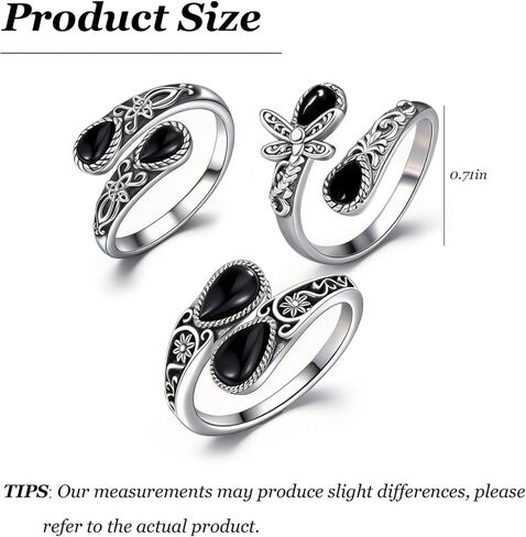 3Pcs Black Obsidian Ring Set Adjustable Open Silver Band for Women Finger Jewelry Gift for Her Birthday Date Party Gift in Saudi Arabia